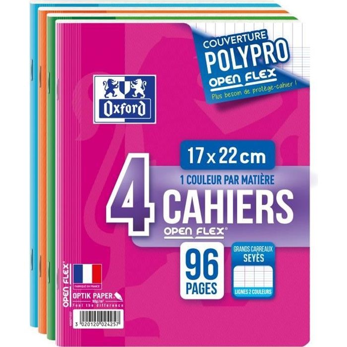 OXFORD Lot de 4 cahiers agrafés 96 pages seyès 17 x 22 cm Openflex - 90g