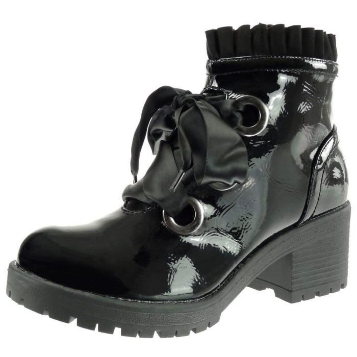 Femme Botte Plateforme Lacet Bottine Talon Tréssé Satin Rangers Cm Haut 6 Mode Ruban Frange Bloc Fq114wI