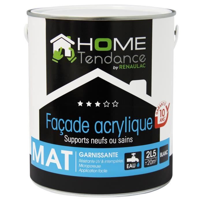 Peinture façade acrylique supports neufs ou sains 2,5 L blanc mat - HOME TENDANCE by RENAULAC