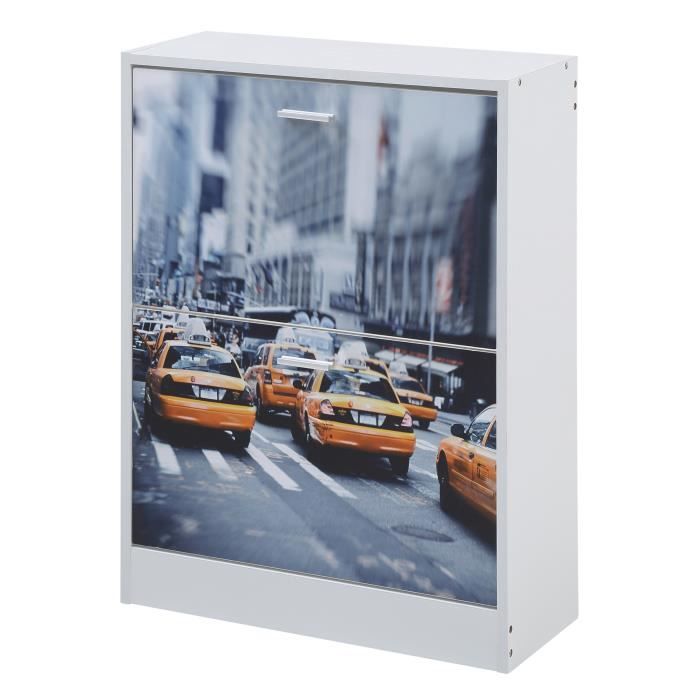 Meuble à chaussures classique décor blanc et imprimé New-York sur la façade - L 60 cm