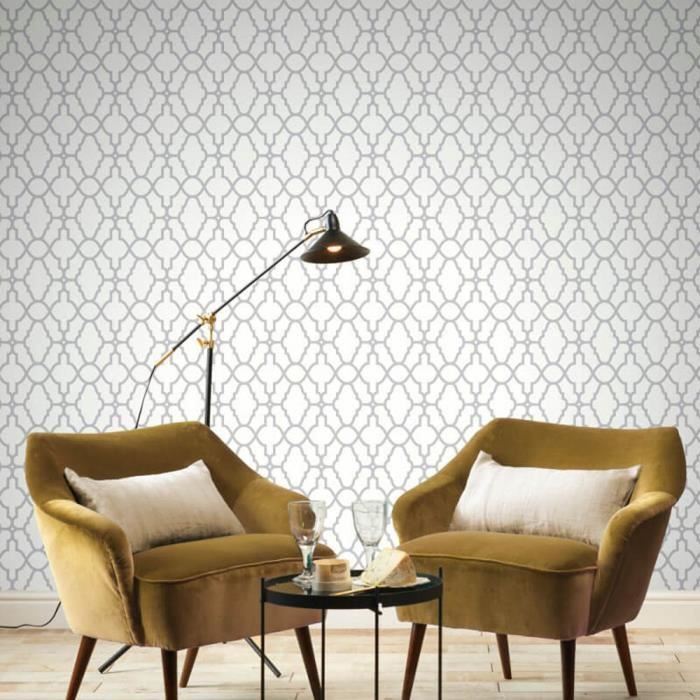 Casablanca Treillis Fretwork Papier Peint Blanc Et Argent Rasch