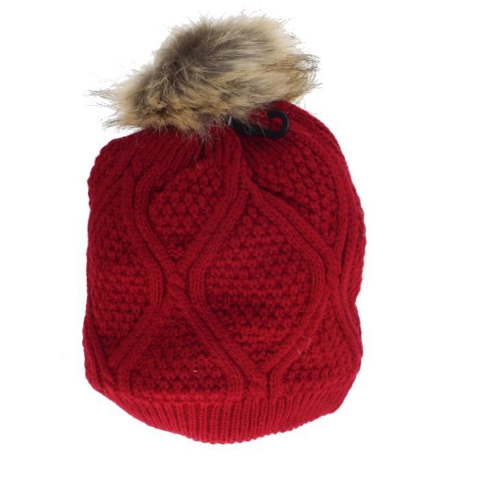 1 Bonnet rouge, doublé, pompon fausse fourrure mixte femme, homme, adolescent, 100% acrylique,Taille unique.