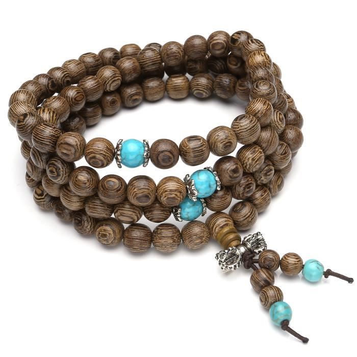 BRACELET , GOURMETTE Bracelet Bouddhiste Tibétain Perles en Bois Nature
