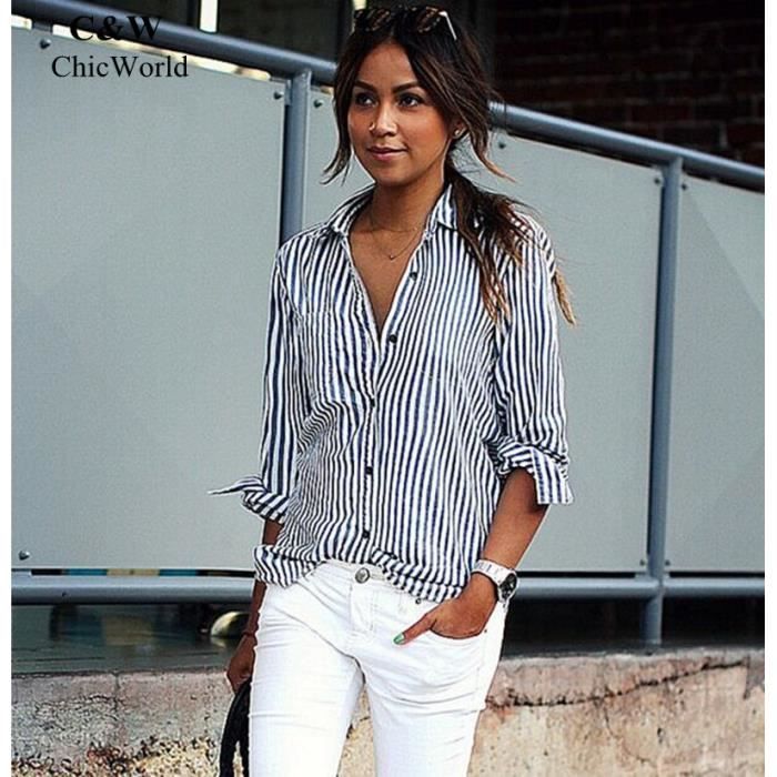 Travail Mode Haut Femme Tournez Col Bureau Strip Shirt Femmes Vrac À Vetement Longue En Européenne Manche kXTZuPOi