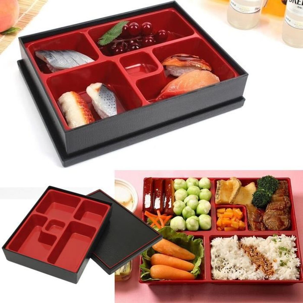 Boîte Bento Japonaise 5 Compartiments - Lunch Box Noir - Repas Extérieur Adultes & Enfants - 27x20.5x5cm