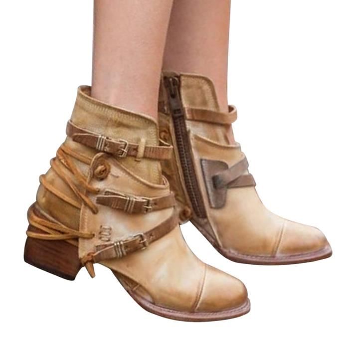 Talon Bottes Carré Martin Cuir À Strap Rond Chaussures En Femmes Boucle Bout 1C4gF