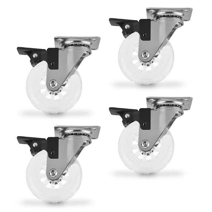 set de 4 x roulettes pour meubles transparentes 75 mm avec arret