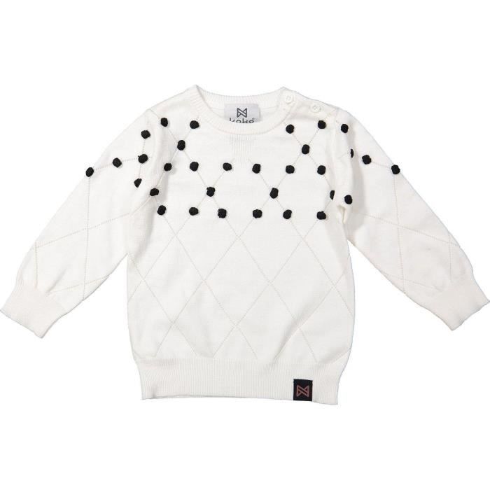 KOKO NOKO Pull avec Pompons Décoratifs Beige Écru et Noir Enfant Fille
