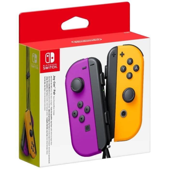 Paire de manettes Joy-Con gauche violet néon et droite orange néon