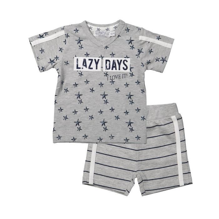 DIRKJE Ensemble T-shirt Gris Imprimé All Over et Short rayé Bébé Garçon