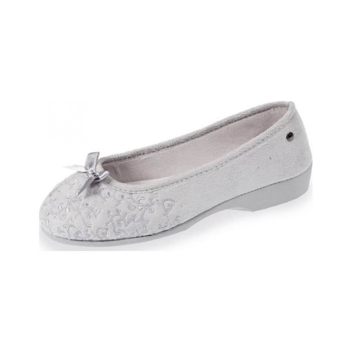 Chaussons ballerines talon femme broderies Isotoner en gris pour femme Chaussons ballerines talon femme broderies Isotoner en gris pour femme