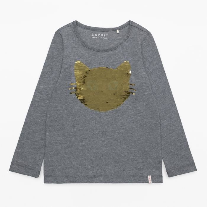 ESPRIT T-Shirt Brodé Chat Gris Chiné et Or Enfant Fille