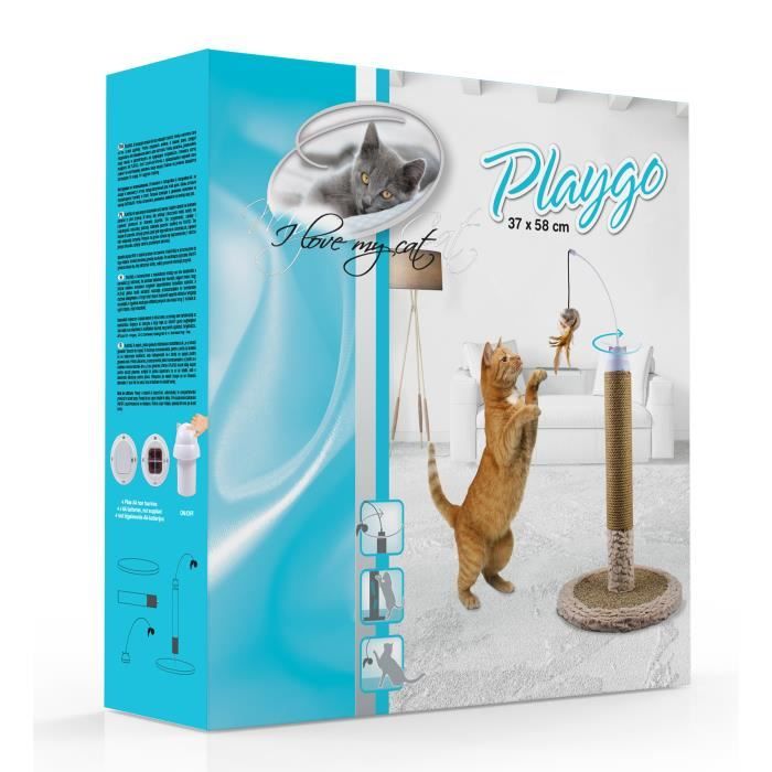 RIGA Poteau griffoir rotatif en carton Playgo - 1 plateau -1 poteau - 1 pompon sur axe rotatif - 37 x 58 cm - Pour chat
