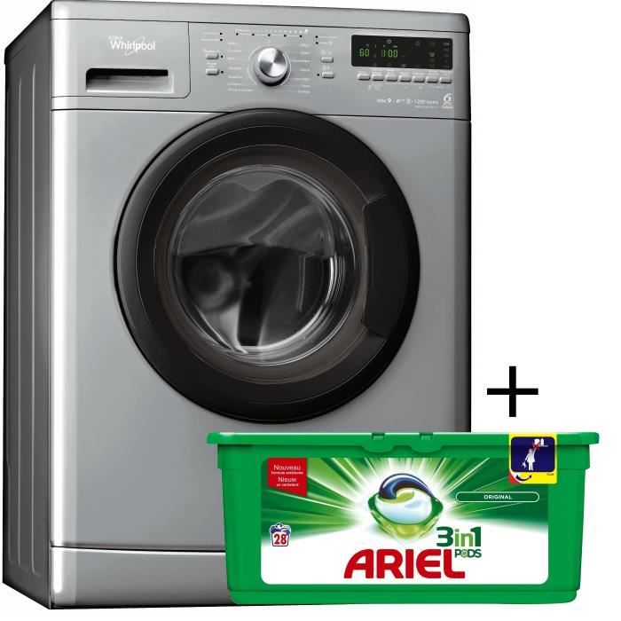 PACK lavage Whirlpool AWO-C9123-1S - Lave-linge 8kg A+++ 6ème Sens + ARIEL PODS LESSIVE 81623086 - Boite de 28 pods 3 en 1 regular