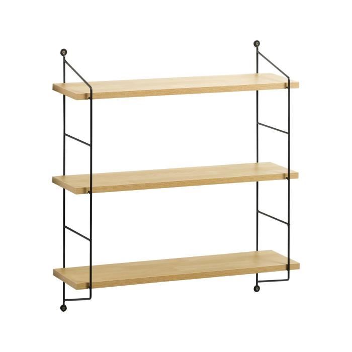 LEA Etagère murale 3 niveaux - MDF et support métal - 60x15x63,5 cm - Bois naturel et noir