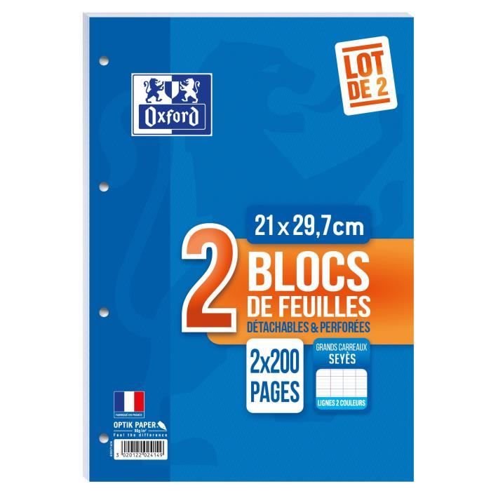OXFORD Lot de 2 blocs de feuilles collés côte perforés 200 pages seyès - 90g