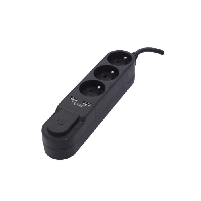 CHACON Bloc multiprise 3 prises 16 A avec interrupteur, 2 ports USB et câble 3 m HO5VV-F 3x1,5 mm² noir