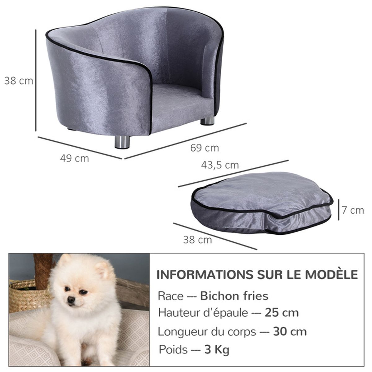 Pawhut Lit canapé Style Fer forgé Chiens Chats Matelas Grand Confort fourni 65L x 42l x 42H cm métal Gris 05