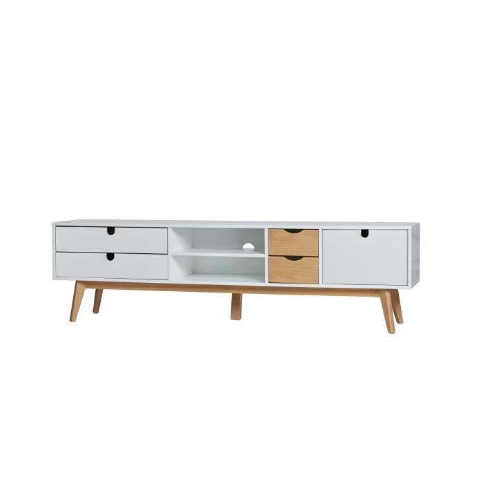 LILA Meuble TV 1 porte 4 tiroirs en pin massif - Décor blanc ciré - L 180 x P 37 x H 50 cm