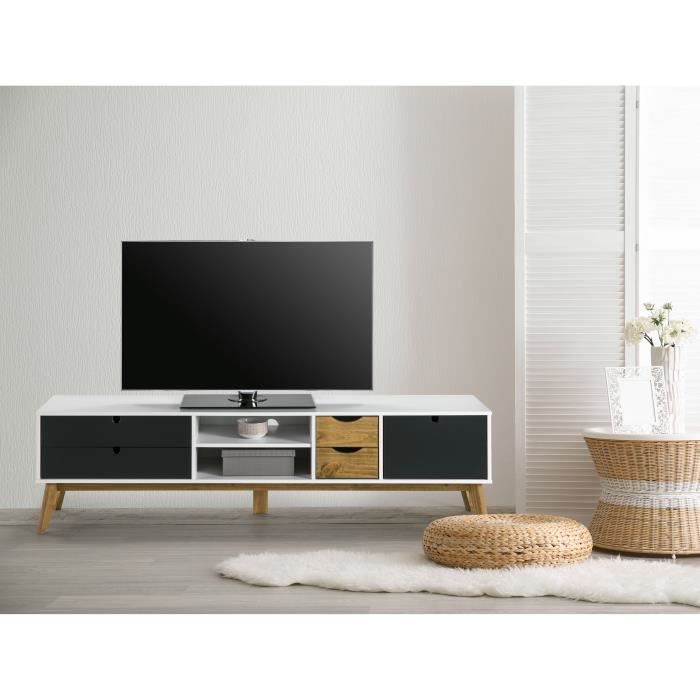 LILA Meuble TV 1 porte 4 tiroirs en pin massif - Blanc et gris anthracite ciré - L 180 x P 37 x H 50 cm