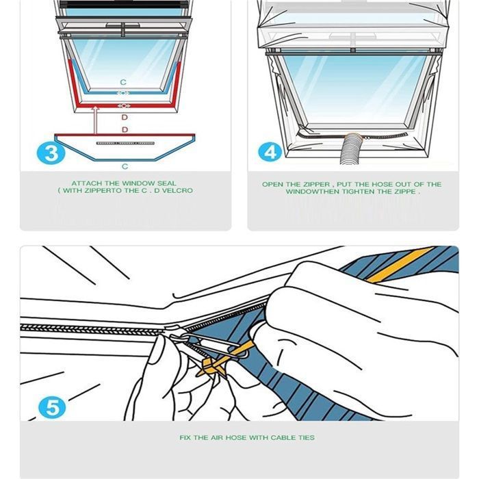 Schéma en 3 étapes montrant linstallation du joint de fenêtre : fixation au cadre avec velcro, passage du tuyau par la fermeture éclair, puis fixation du tuyau avec des attaches câble.