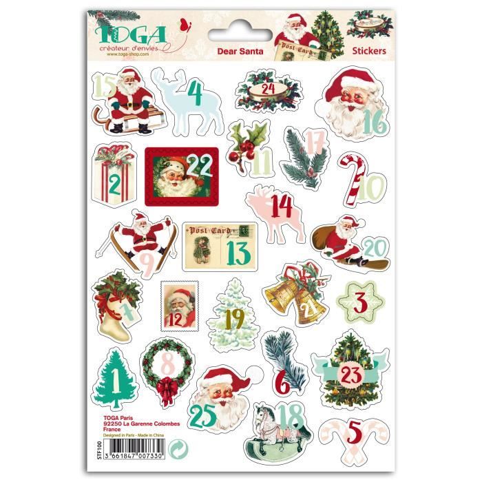 TOGA Planche de 25 Stickers fantaisies - Pour calendrier de l'Avent - Chiffres 1 à 25 - Motif Dear Santa - 15 x 20 cm