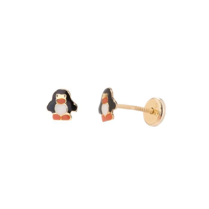 YSORA - Boucles D'Oreilles Pinguin en Or Jaune à Vis - Enfant