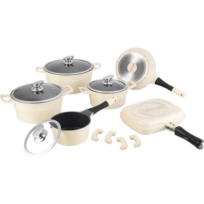 ROYALTY LINE Batterie de cuisine 15 pièces - Revêtement marbre - Crème
