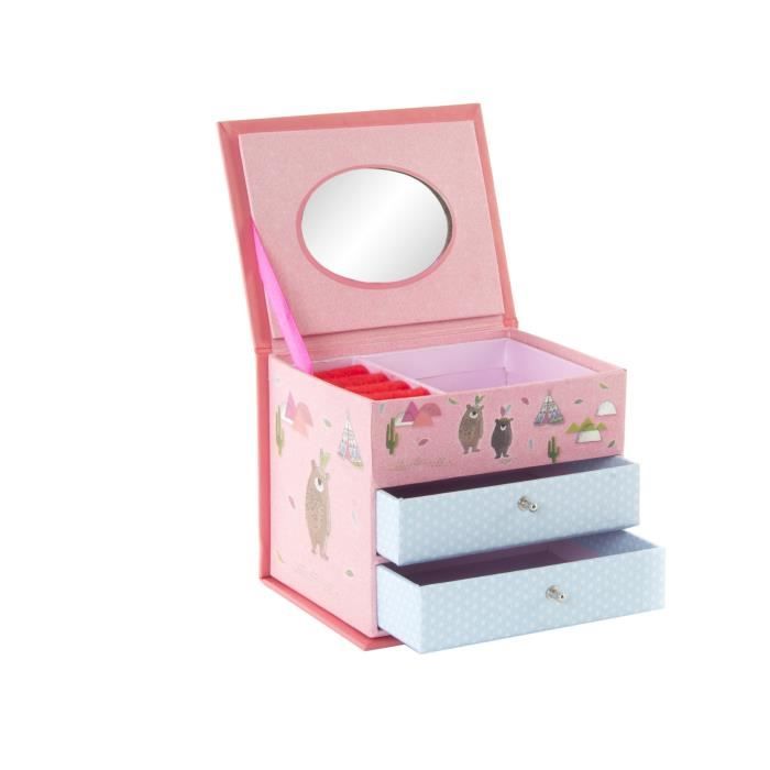 Boîte à bijoux enfant Hibou en carton - Miroir + 2 tiroirs - 13x10 cm - Rose