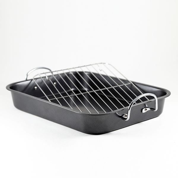 Plat à Rôtir En Acier Inoxydable Avec Grille - Grand Modèle 36x26x6 Cm, Finition Miroir, Facile à Nettoyer