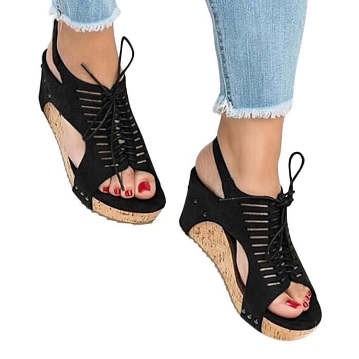Mode Talon Bout Sandales Chic Femme Ouvert Lacet Tomwell Été Compensé Plateforme KclF1J