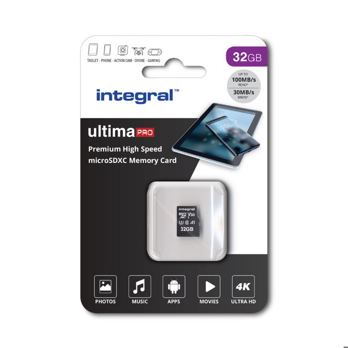 INTEGRAL MEMORY Premium High Speed V30 UHS-I U3 Micro SDHC 32GB 100MB/s en lecture et 70MB/s en écriture 4K
