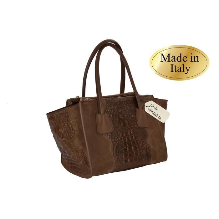 Sac à Main Zamponi En Cuir Italien Véritable - Effet Croco Marron - Bandoulière Réglable - 24x29x8cm