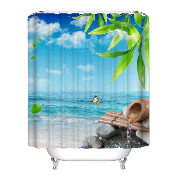 Chickw1 Rideau De Douche Plage D'été Impression, Imperméable Polyester 3D Impression Numérique Décorations De Salle De Bain Art Impression Rideau 12 Crochets (Coucher De Soleil Orange,90x180cm