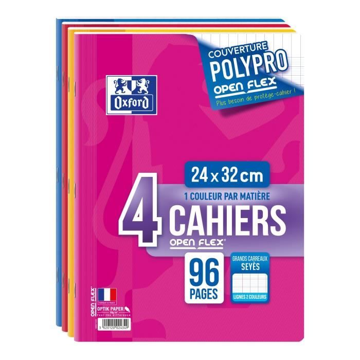 OXFORD Lot de 4 cahiers agrafes 96 pages seyès 24 x 32 cm Openflex- 90g