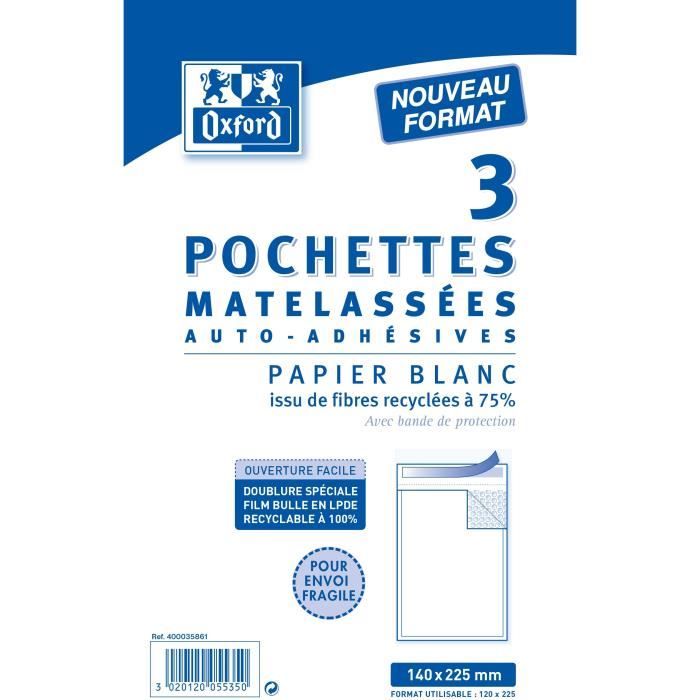OXFORD Paquet de 3 Pochettes mat Kraft - 22,5 cm x 14 cm x 1 cm - Blanc