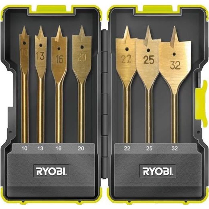 RYOBI Coffret antichocs 7 mèches plates perçage bois (10 à 32 mm)