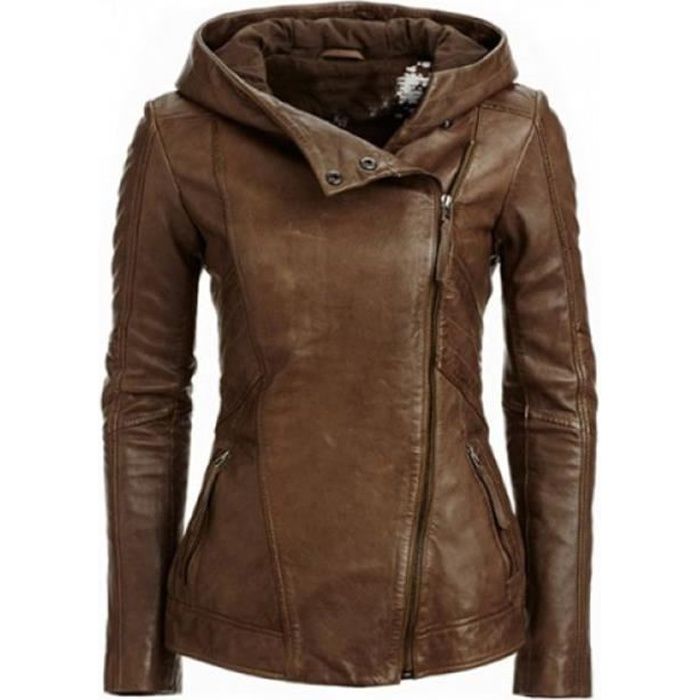 Cuir Capuche Couleur En Pu Col Femme Veste Boutonné De Revers À Unie qRjc3AL54