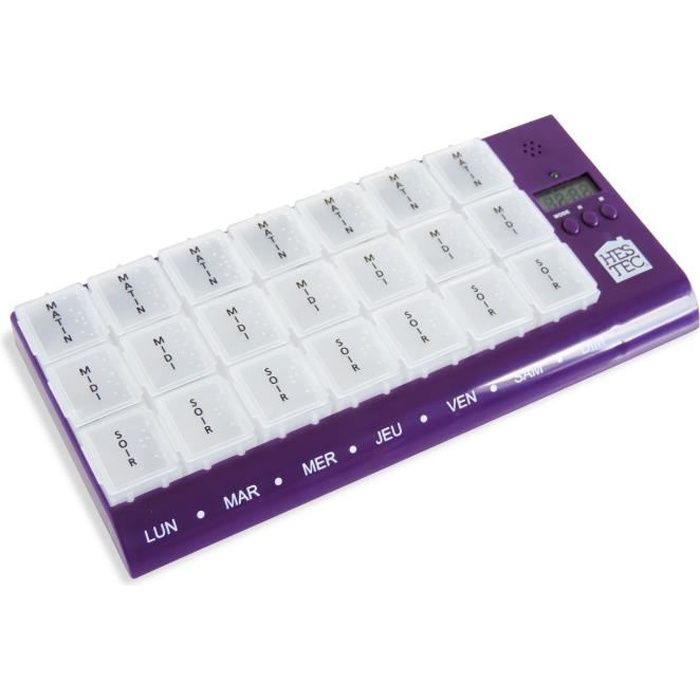 Pilulier semainier hebdo électronique HESTEC - 7 boîtiers de 3 compartiments - 20,5 x 9,5 x 2 cm