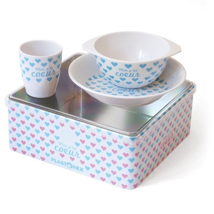 PLASTOREX Coffret Repas mélamine blanche décor Petits CŒurs bleus (assiette, bol, gobelet) sous boîte métallique décorée