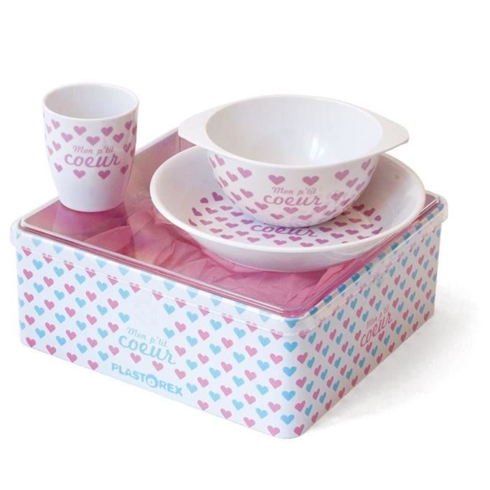 PLASTOREX Coffret Repas mélamine blanche décor Petits CŒurs roses (assiette, bol, gobelet) sous boîte métallique décorée