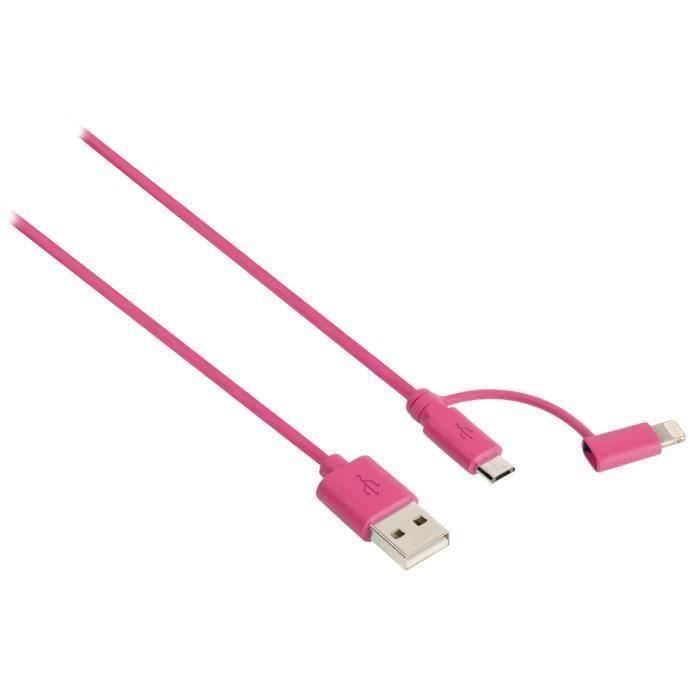 SWEEX Smca Câble de chargement et de données 2 en 1, USB 2.0 Fiche A Micro B avec adaptateur Lightning, 1 m Rose