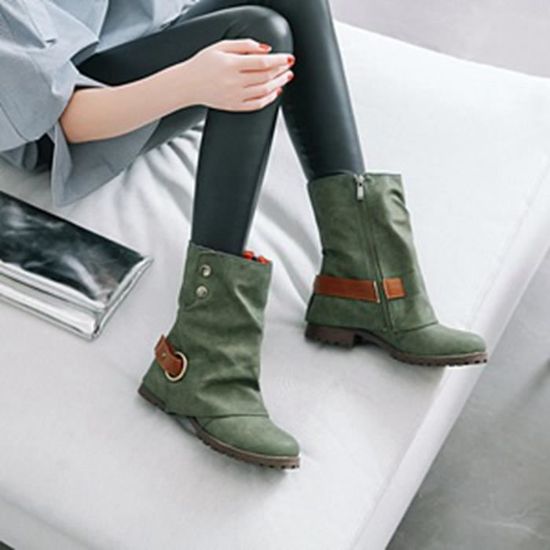 Boucle Chaussures Patchwork Cuir Mode Courtes Cuir Artificielles vert Femmes Benjanies En Bottes Chaud q4YTYRz8