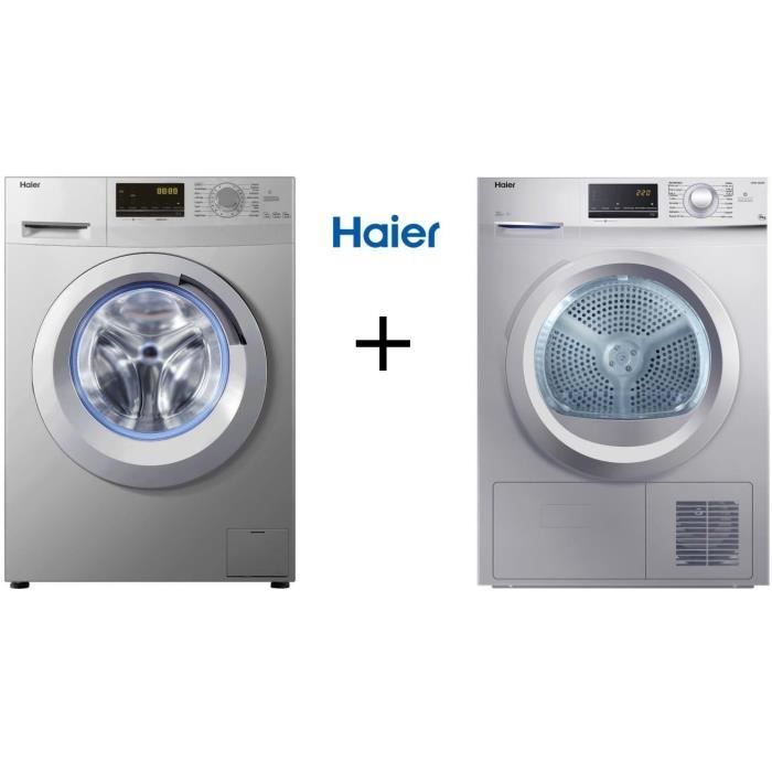 Pack HAIER -W8436S-Lave linge frontal-8 Kg-1400 tours-A +++-Silver + HD836S - Sèche-linge-8 kg-B-Silver-Condensation