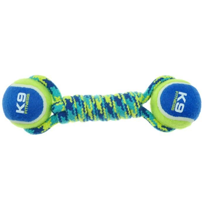 ZEUS Haltère avec 2 balles de tennis 31 cm - Bleu et vert - Pour chien