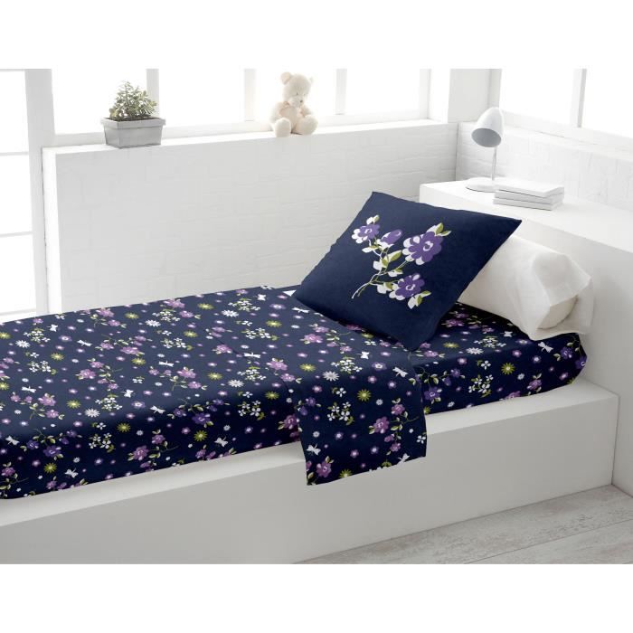 SOLEIL D'OCRE Parure de lit LEA 100% coton - 1 drap housse 90x190cm + 1 drap plat 180x290cm et 1 taie d'oreiller - Bleu