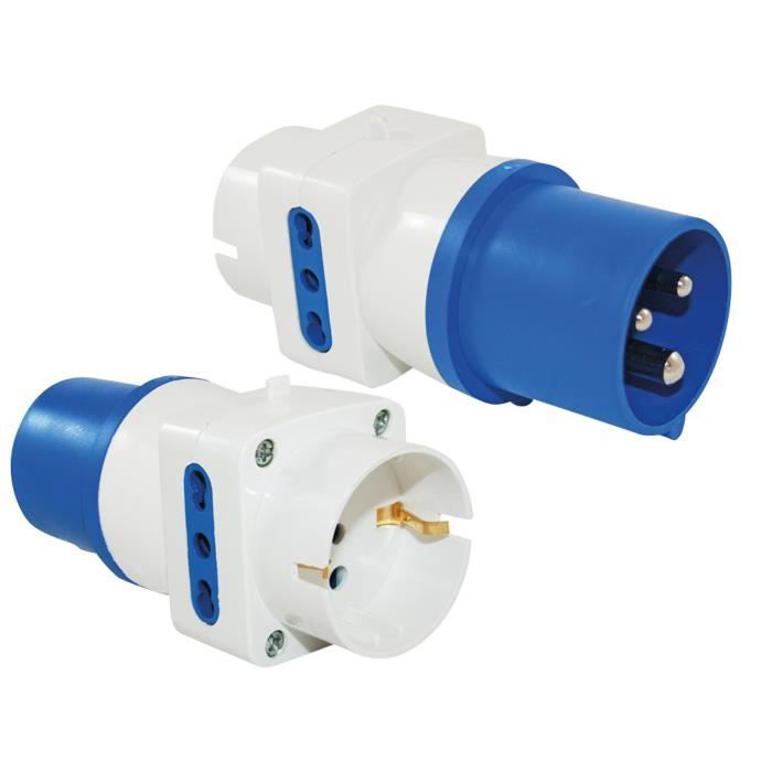 Adaptateur mâle CEE 17 - femelle Schuko + femelle 3 broches type L Italie - 200 V - 16 A