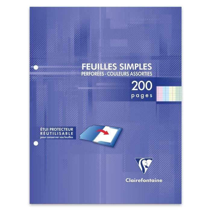 CLAIREFONTAINE - Feuilles simples couleurs - 4 couleurs - Perforées - 17 x 22 - 200 pages Seyès - Papier P.E.F.C 90G (Lot de 3)