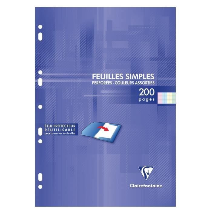 CLAIREFONTAINE - Feuilles simples couleurs - 4 coloris assortis - Perforées - A4 - 200 pages Seyès - Papier P.E.F.C 90G (Lot de 3)