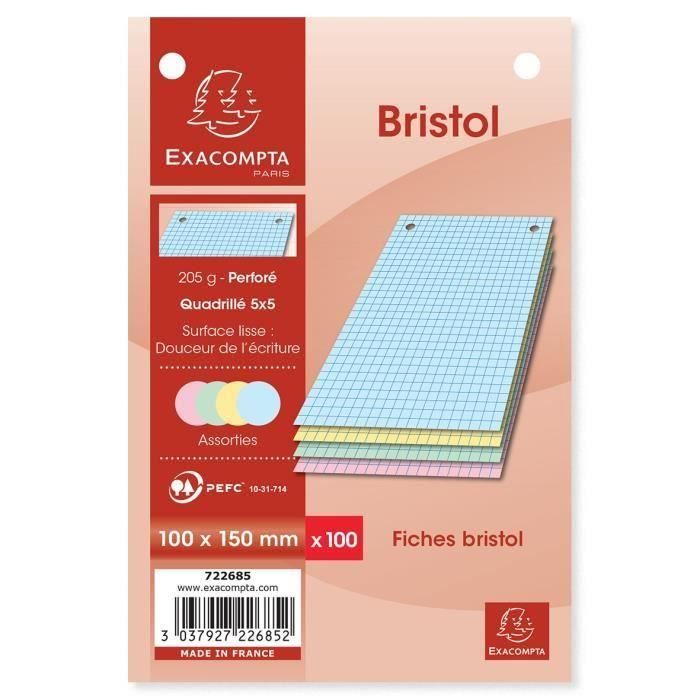EXACOMPTA - 100 Fiches Bristol couleurs - 4 coloris assortis - Perforées - 10 x 15 - 5x5 - Papier P.E.F.C 205G (Lot de 3)